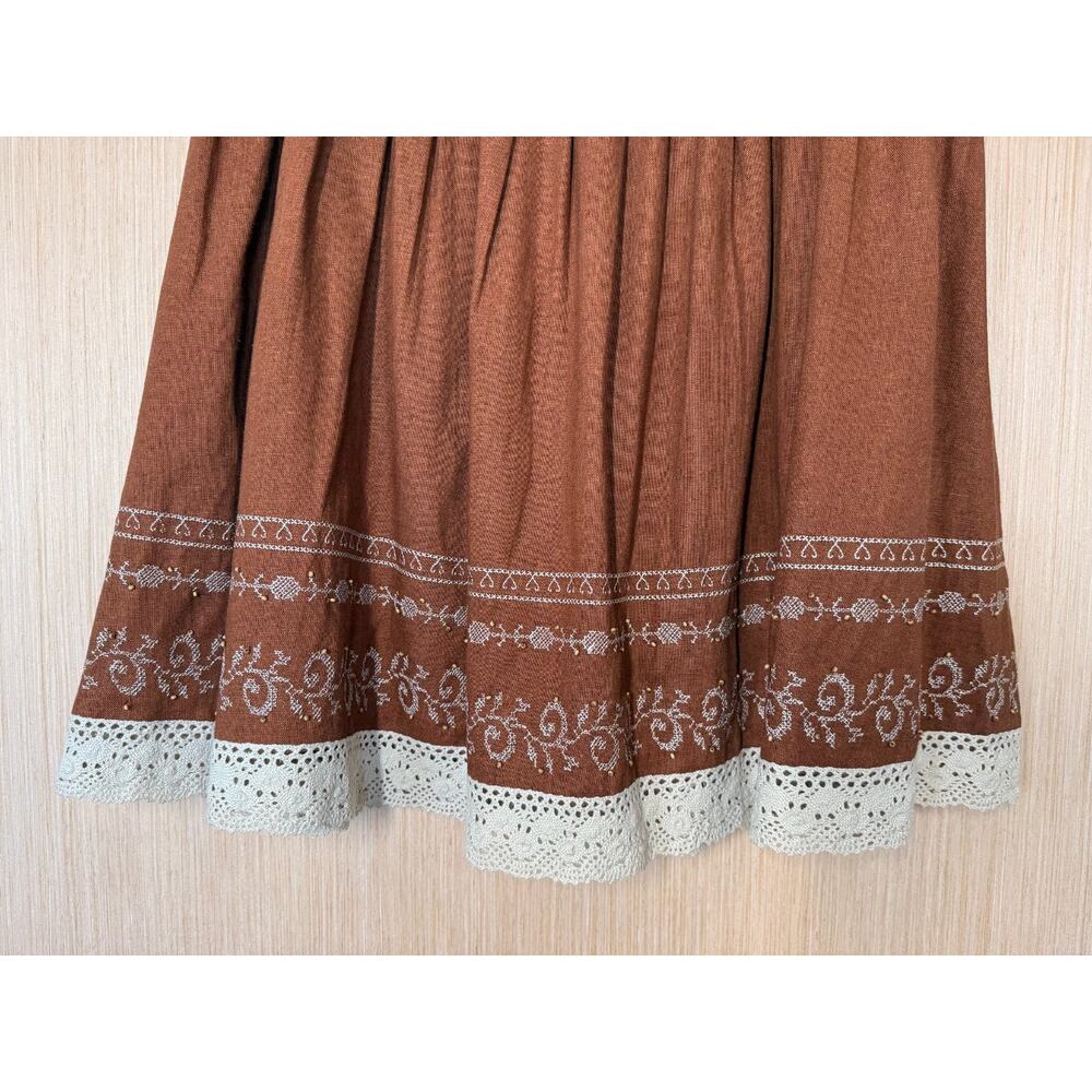 Ninety Linen Blend Pleated Lace Hem Skirt Womens Small Embroidered Bead Cottage - Picture 6 of 10
